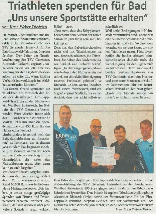 TSV Helmstedt -Triathleten spenden für das Waldbad